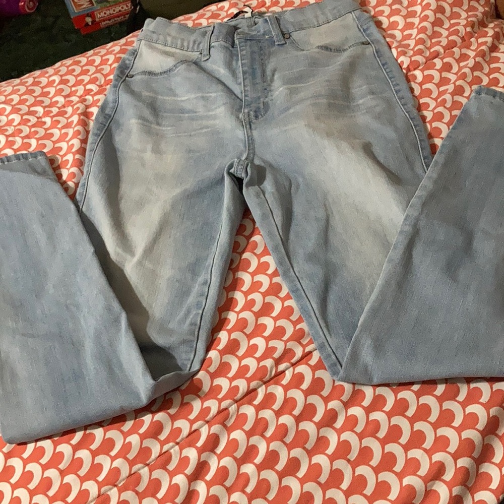 Light blue comfortable, and stretchy jeans.